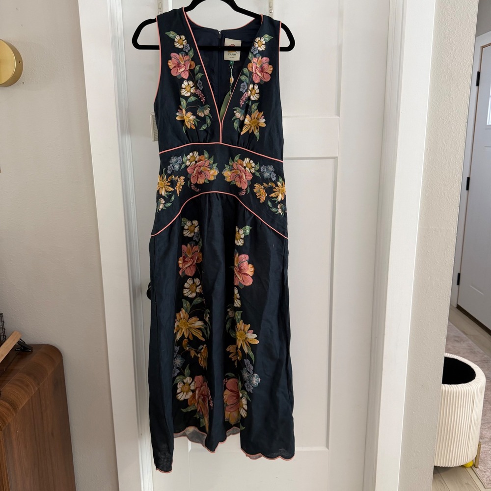 NWT Farm Rio Maira Floral Linen Plunge Midi Dress Navy Pink S Drop Waist Boho